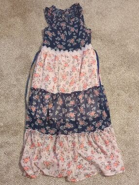 Floral Tiered Girls Dress with Lace Trim - Navy & Blush